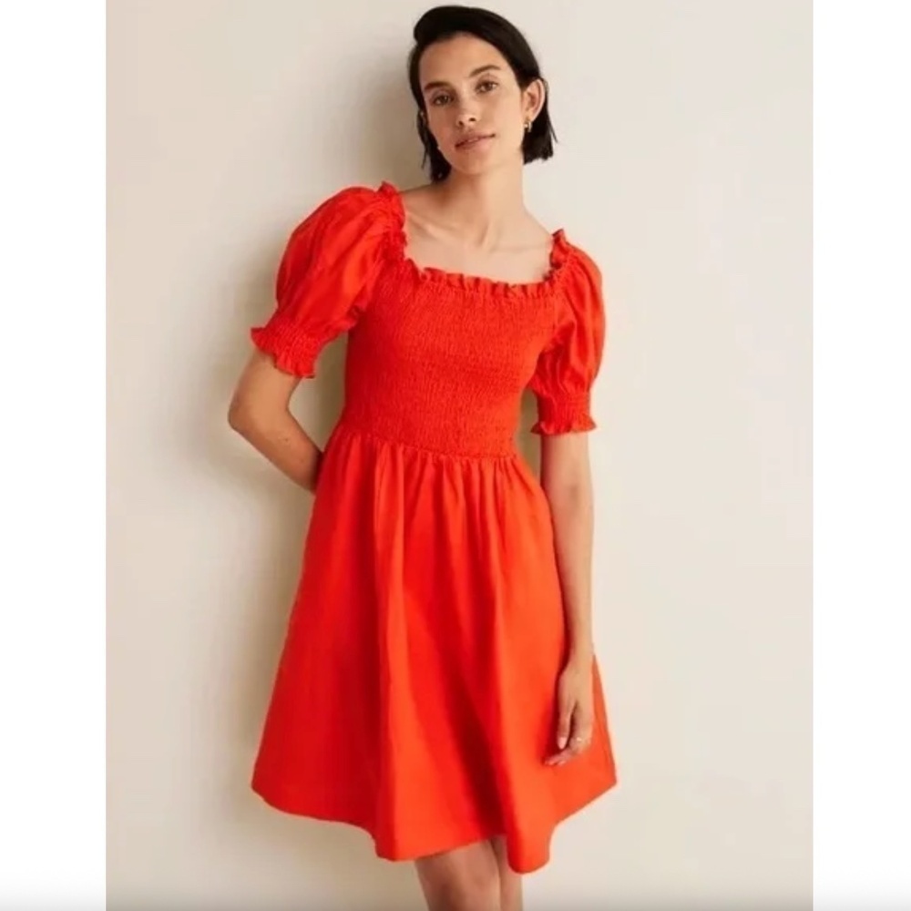 Boden Smocked Bodice Linen Mini Dress in Bright Papaya